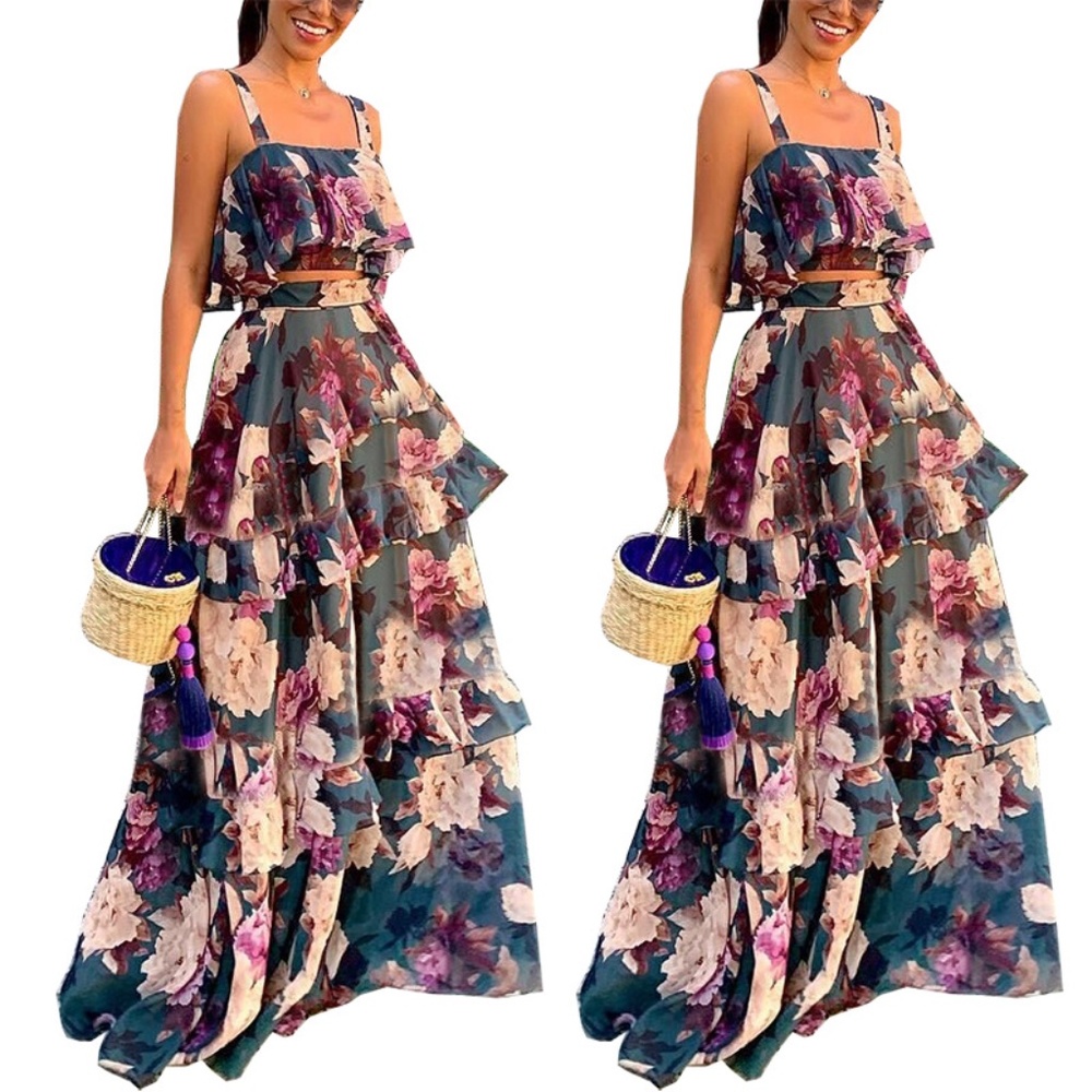 Boho Floral blue floral print ruffle skirt Set - Picture 2 of 6